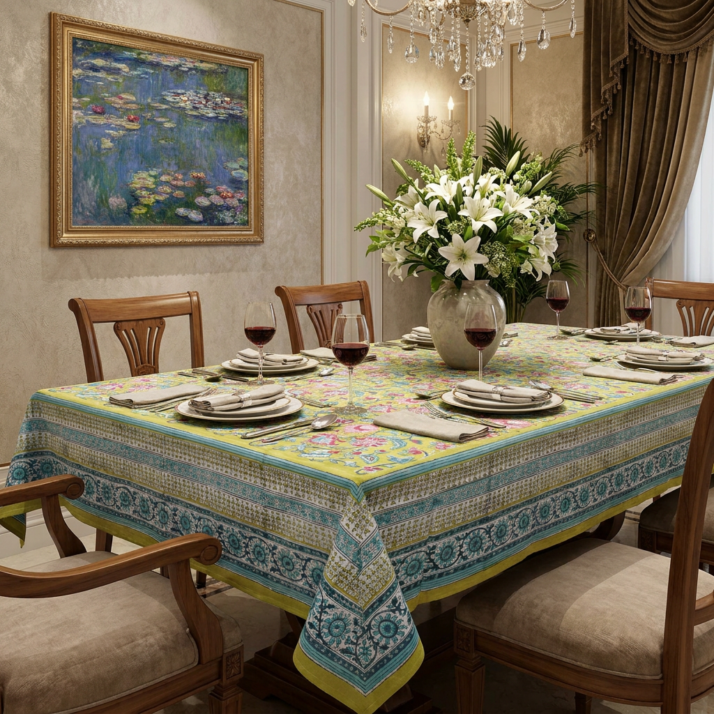 Square Tablecloth in Cotton Hand Block Printed Cotton Tablecloth 180x180 cms Phuljhari Olive Gud 103487