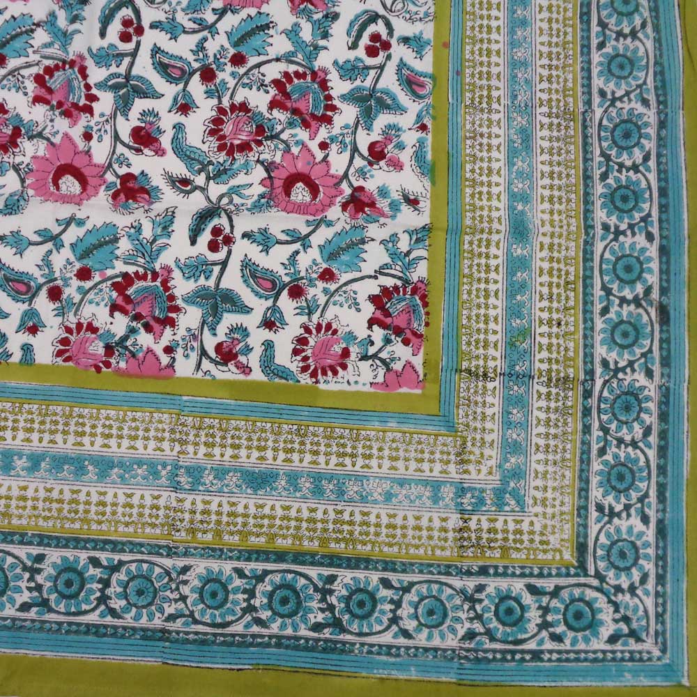 Square Tablecloth in Cotton Hand Block Printed Cotton Tablecloth 150x150 cms  Phuljhari Olive Open 100990