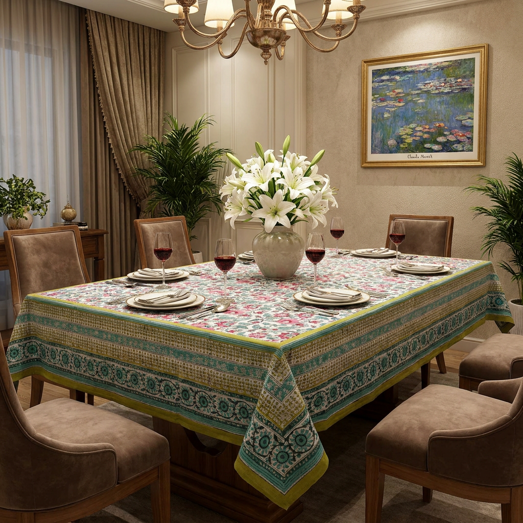 Square Tablecloth in Cotton Hand Block Printed Cotton Tablecloth 150x150 cms Phuljhari Olive Open 100990