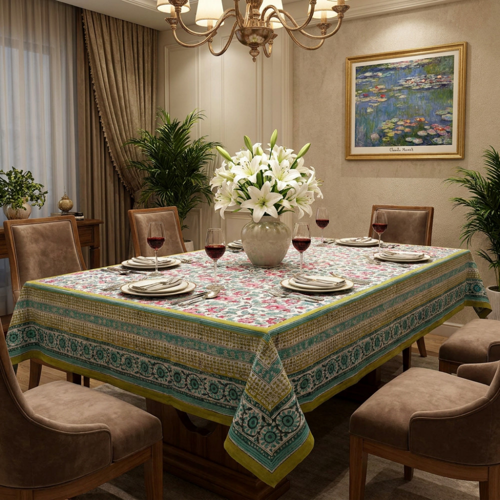 Image of Square Tablecloth in Cotton Hand Block Printed Cotton Tablecloth 180x180 cms | Phuljhari Olive Open 100990
