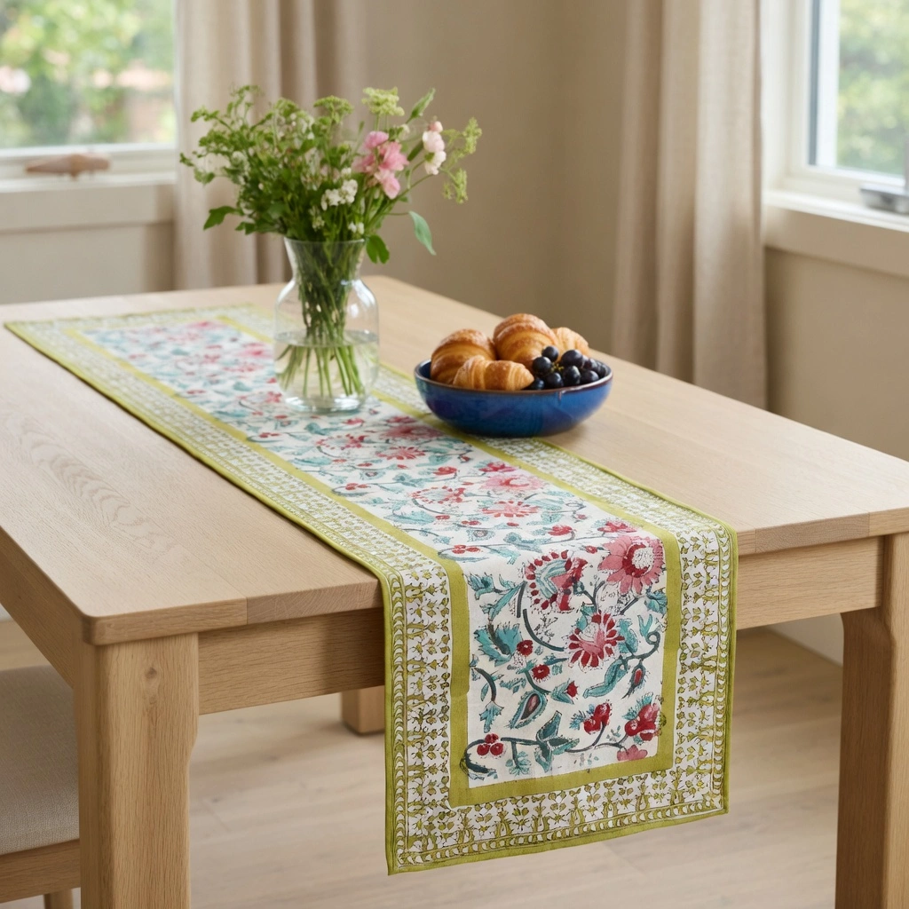 Hand Block Printed Cotton Canvas Table Runner 33x120 cms Phuljhari Olive Open 207933