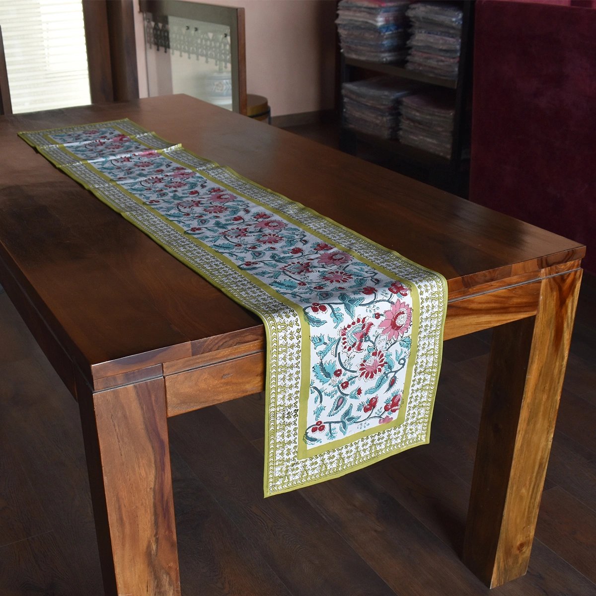 Hand Block Printed Cotton Canvas Table Runner 33x170 cms Phuljhari Olive Open 207929
