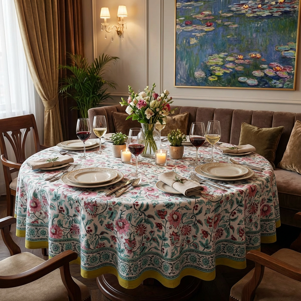 Hand Block Printed Cotton Round Tablecloth 275 cms Phuljhari Olive Open 208289