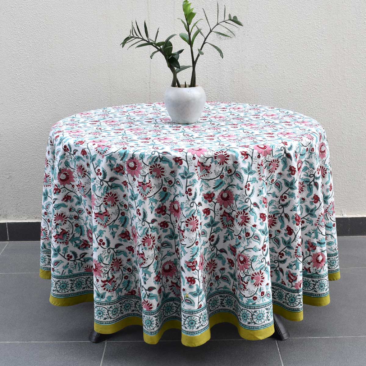 Hand Block Printed Cotton Round Tablecloth 275 cms Phuljhari Olive Open 208289