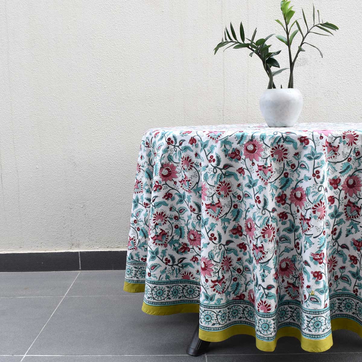 Hand Block Printed Cotton Round Tablecloth 220 cm  Phuljhari Olive Open 208289