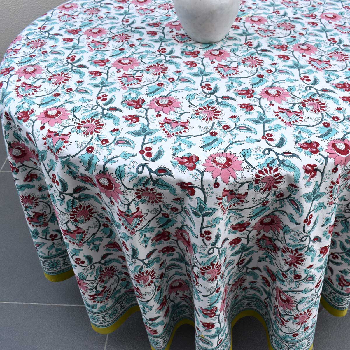 Hand Block Printed Cotton Round Tablecloth 220 cm Phuljhari Olive Open 208289
