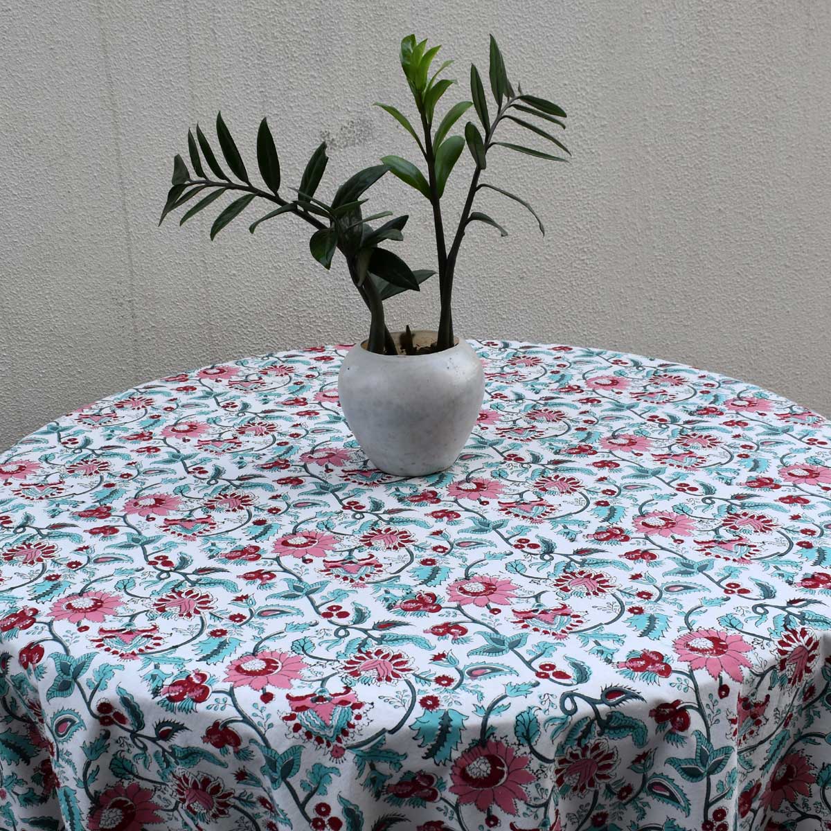 Hand Block Printed Cotton Round Tablecloth 275 cms Phuljhari Olive Open 208289