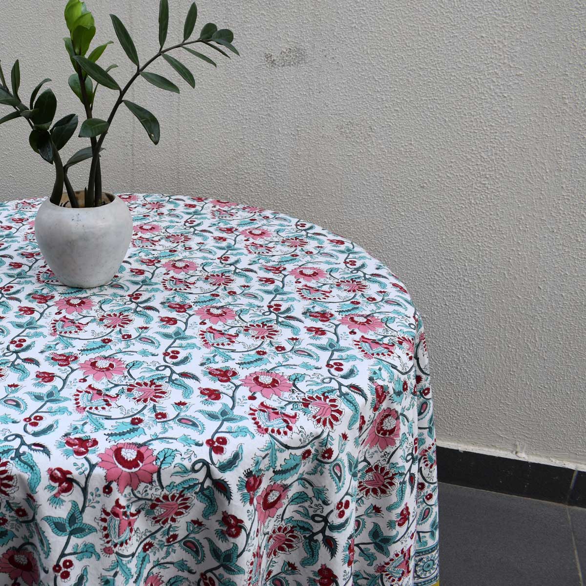 Hand Block Printed Cotton Round Tablecloth 275 cms  Phuljhari Olive Open 208289