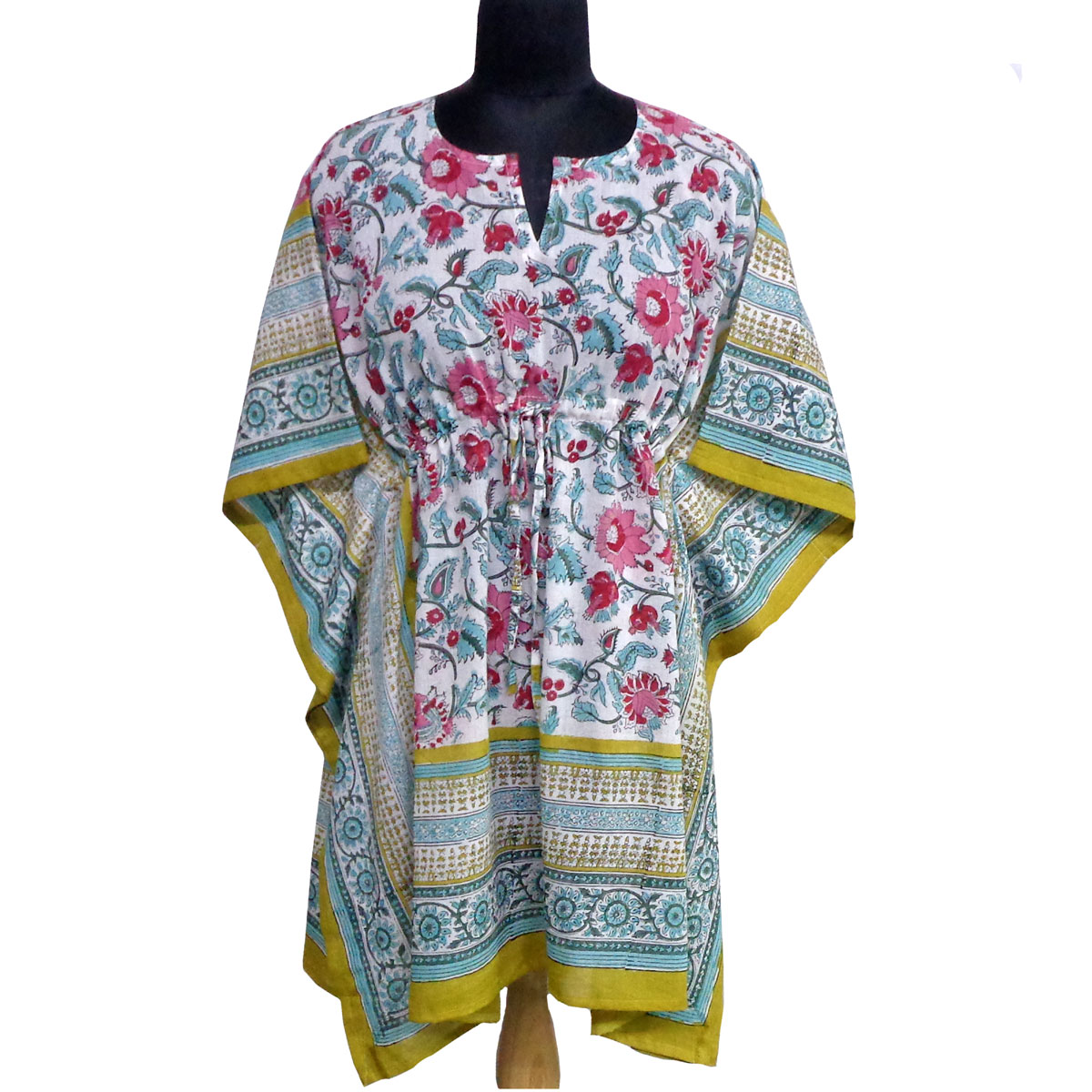 String Kaftan Free Size Indian Block Printed on Soft Cotton Voile Phuljhari Olive Open 208323