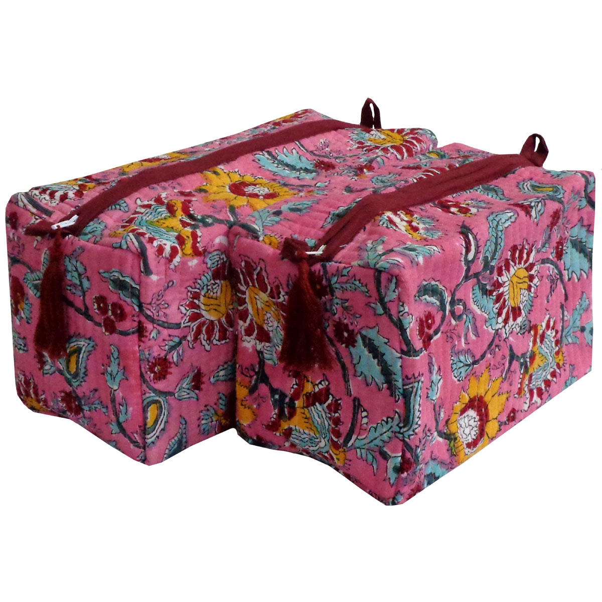 Hand Block Printed Cotton Quilted Cosmetic Bag Phuljhari Pink Gud 204756