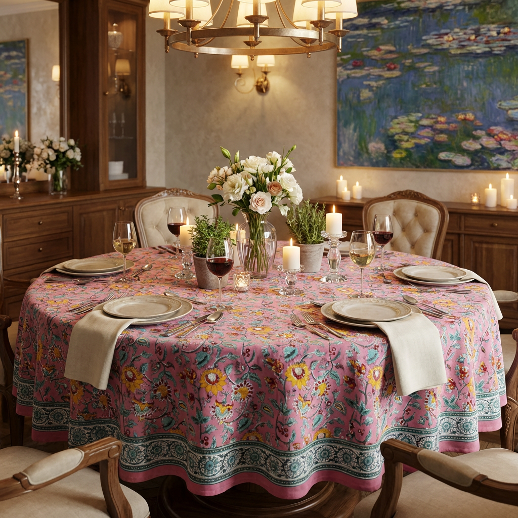 Hand Block Printed Cotton Round Tablecloth 150 cms  Phuljhari Pink Gud 204756