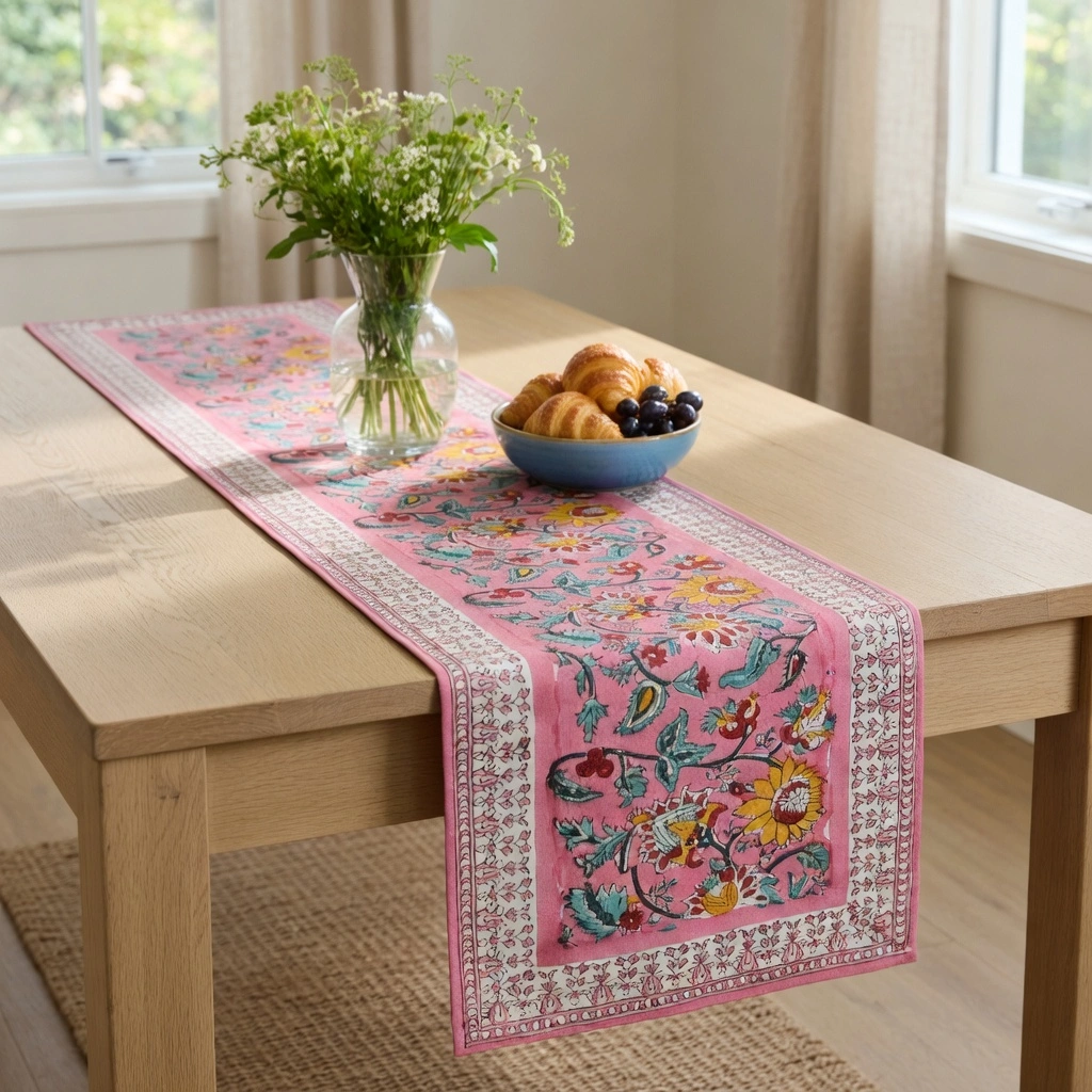 Hand Block Printed Cotton Canvas Table Runner 33x170 cms Phuljhari Pink Gud 204756