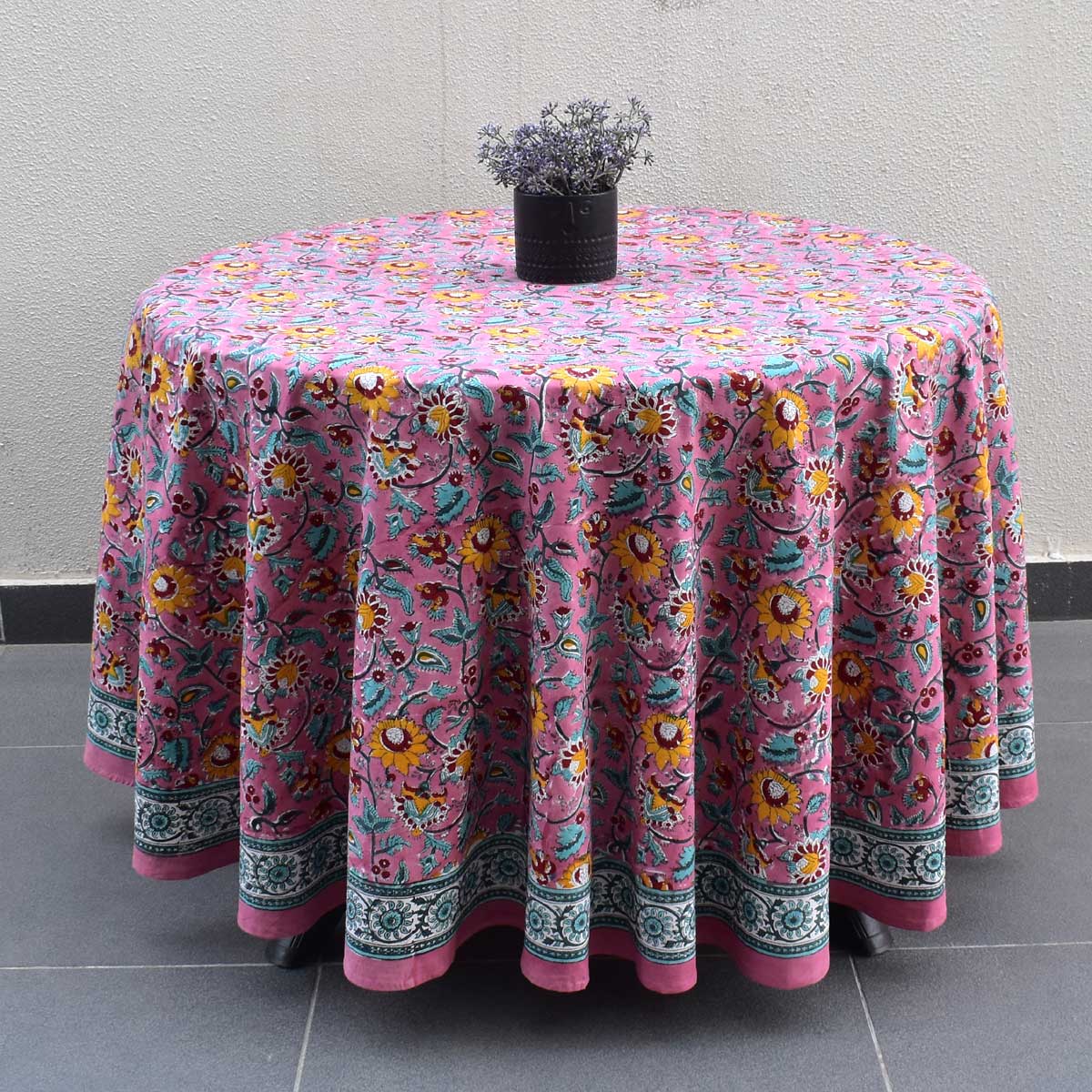 Hand Block Printed Cotton Round Tablecloth 275 cms Phuljhari Pink Gud 204756