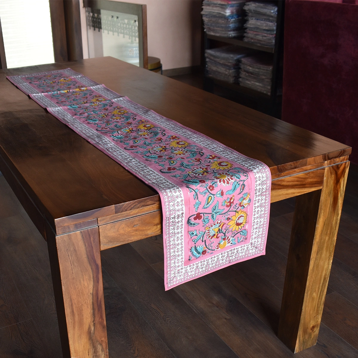 Hand Block Printed Cotton Canvas Table Runner 33x170 cms Phuljhari Pink Gud 204756