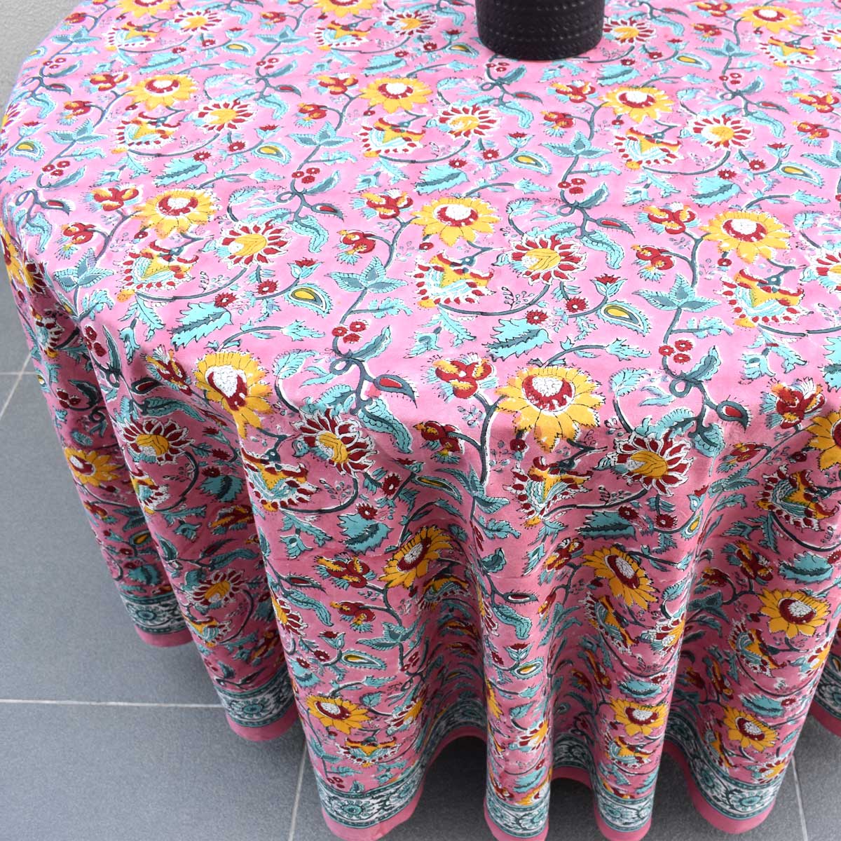 Hand Block Printed Cotton Round Tablecloth 150 cms  Phuljhari Pink Gud 204756