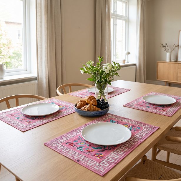 Hand Block Printed Cotton Canvas Table Mat 32x48 cms Set of 2 Table mats Phuljhari Pink Gud 204756