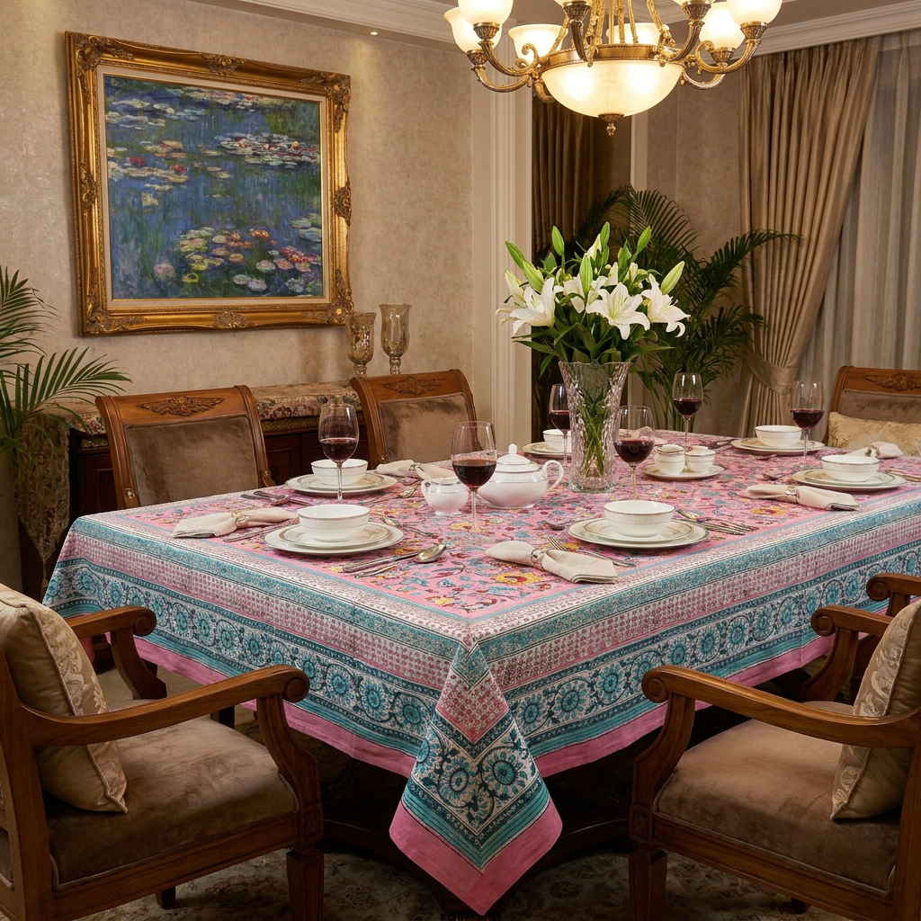 Hand Block Printed Cotton Tablecloth 150x220 cms Phuljhari Pink Gud 204756
