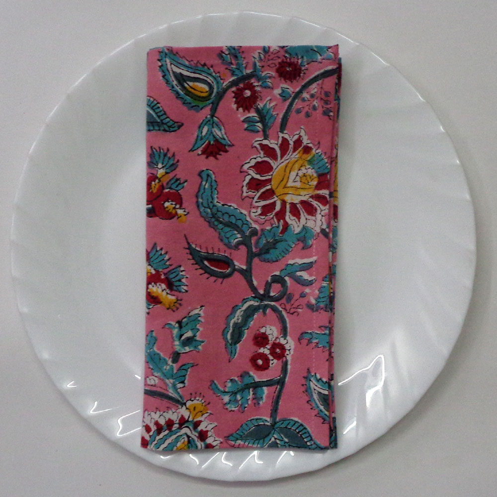 Hand Block Printed Cotton Napkin 45x45 cms Set of 4 Napkins Phuljhari Pink Gud 204756