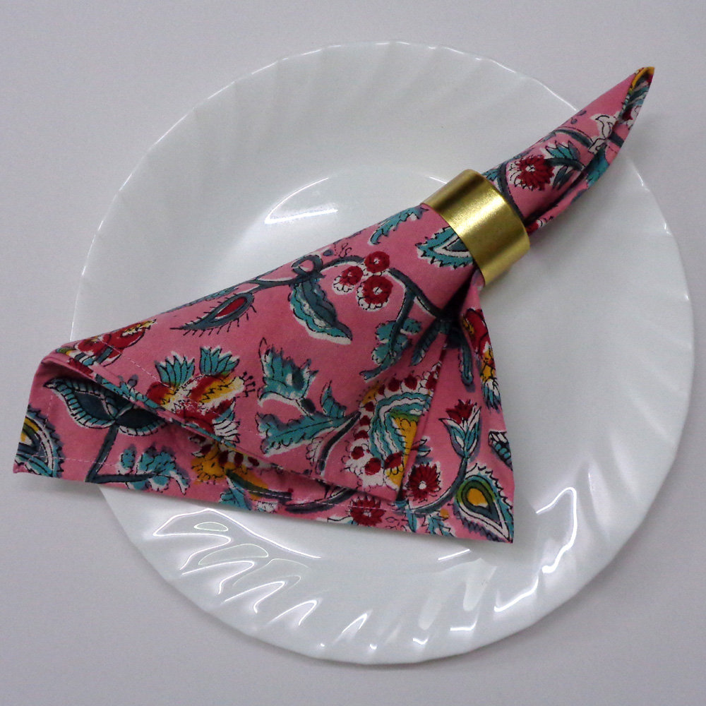 Hand Block Printed Cotton Napkin 45x45 cms Set of 4 Napkins Phuljhari Pink Gud 204756