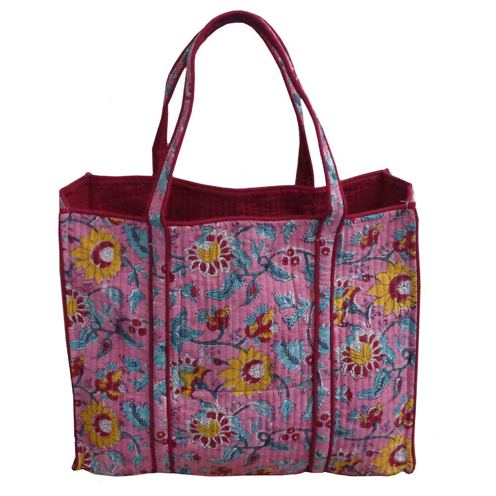 Hand Block Printed Cotton Quilted Tote Bag Phuljhari Pink 501894