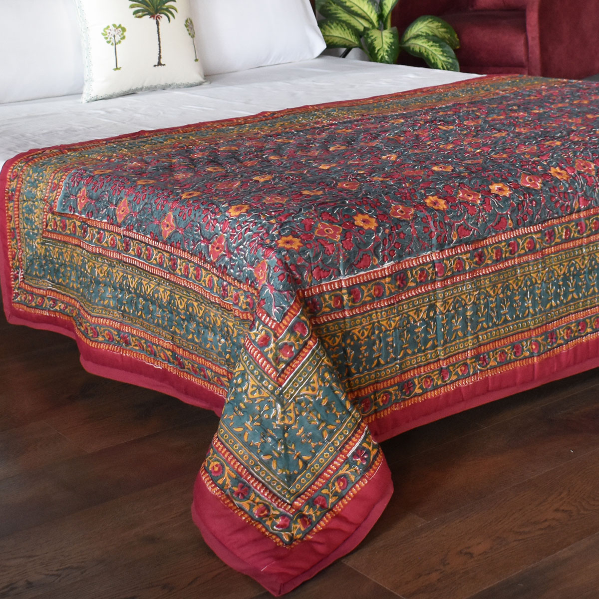 Hand Block Printed Twin Size Quilt Phulwari 208573