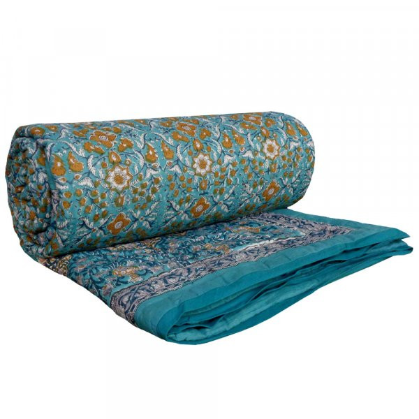 Hand Block Printed Cotton Quilt King Size  Phulwari Blue Tint 700651