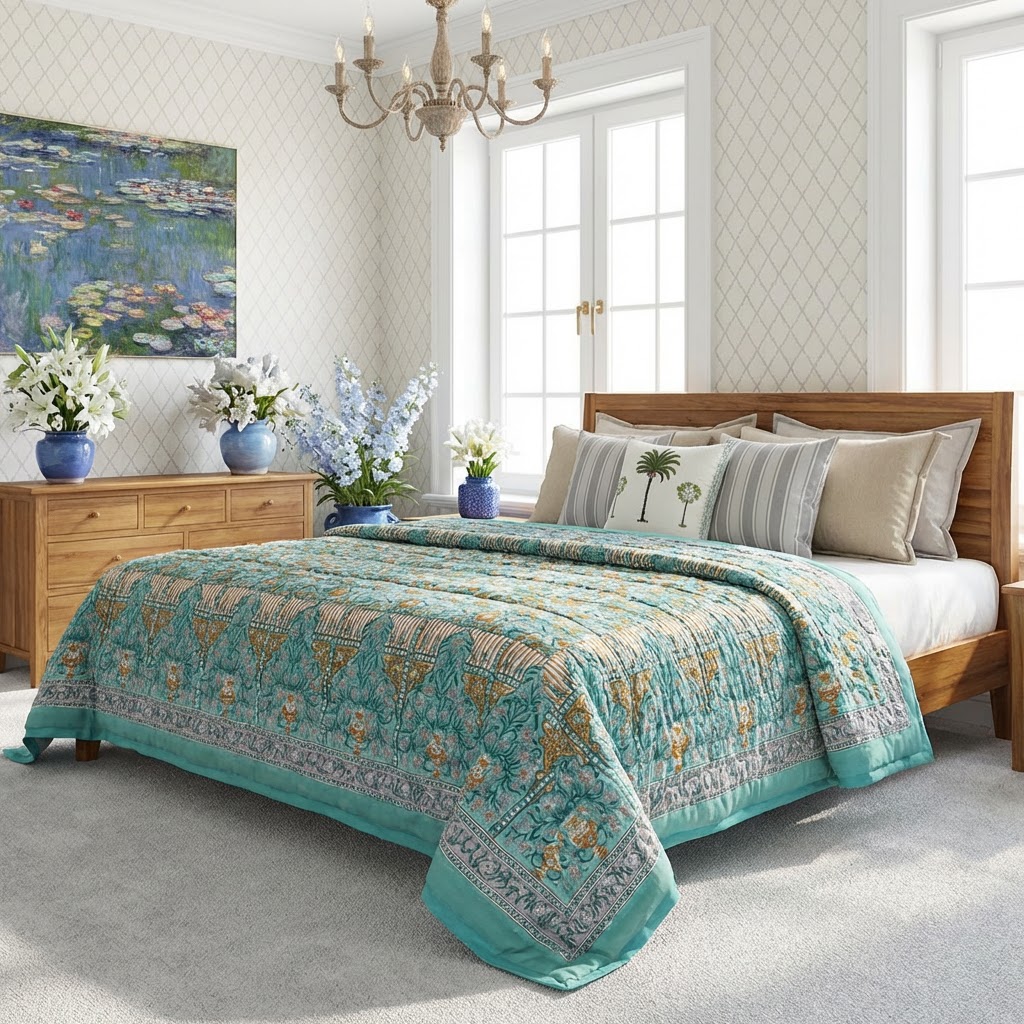 Hand Block Printed Cotton Twin Size Quilt Phulwari Blue Tint 701407