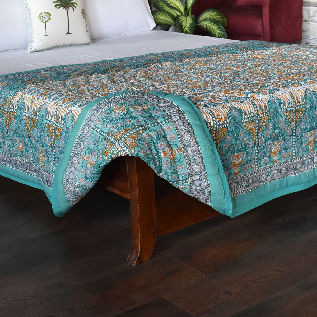 Hand Block Printed Cotton Twin Size Quilt Phulwari Blue Tint 701407