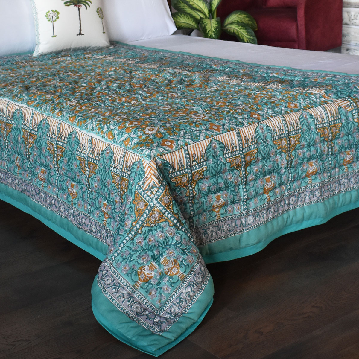 Hand Block Printed Cotton Twin Size Quilt Phulwari Blue Tint 701407