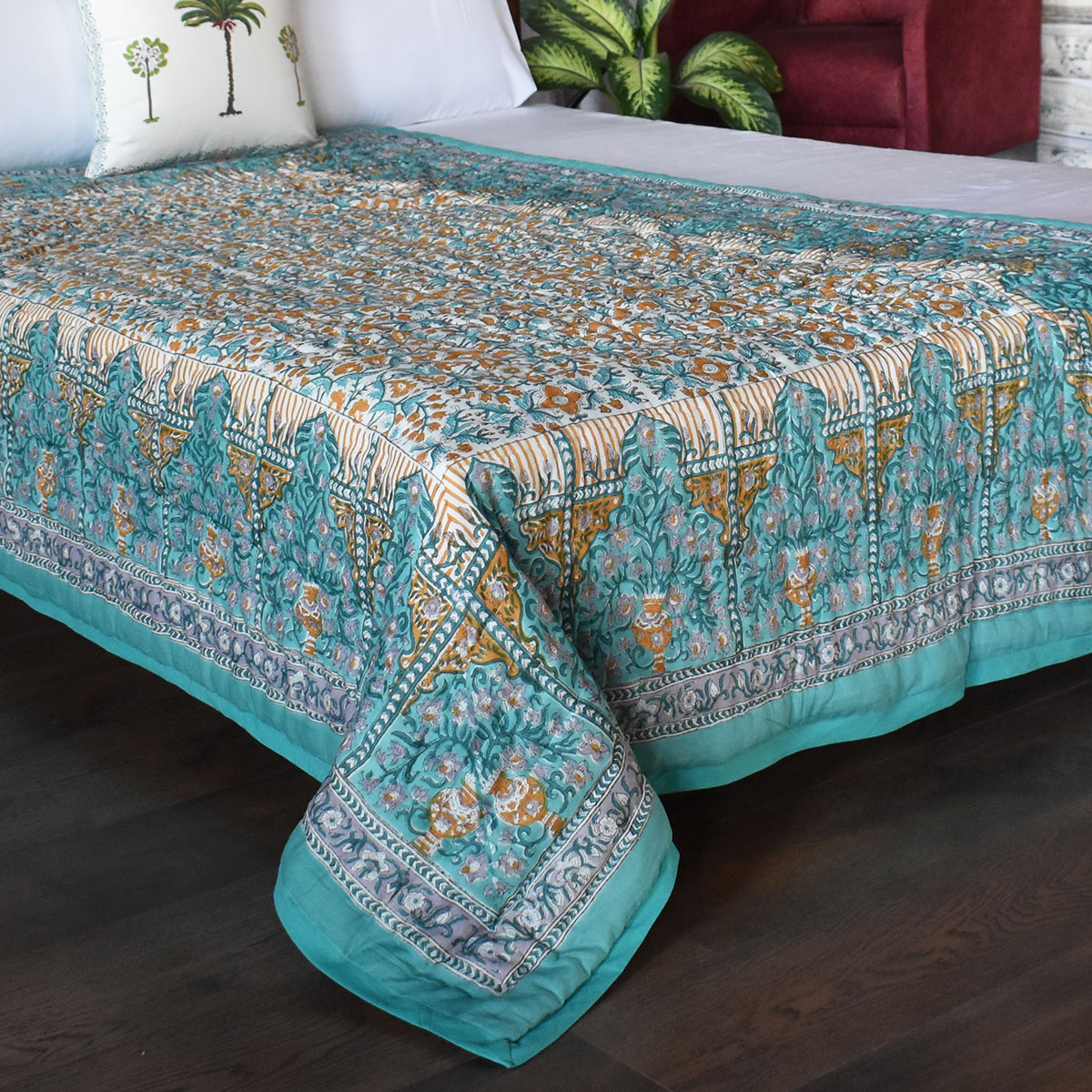 Hand Block Printed Cotton Twin Size Quilt Phulwari Blue Tint 701407