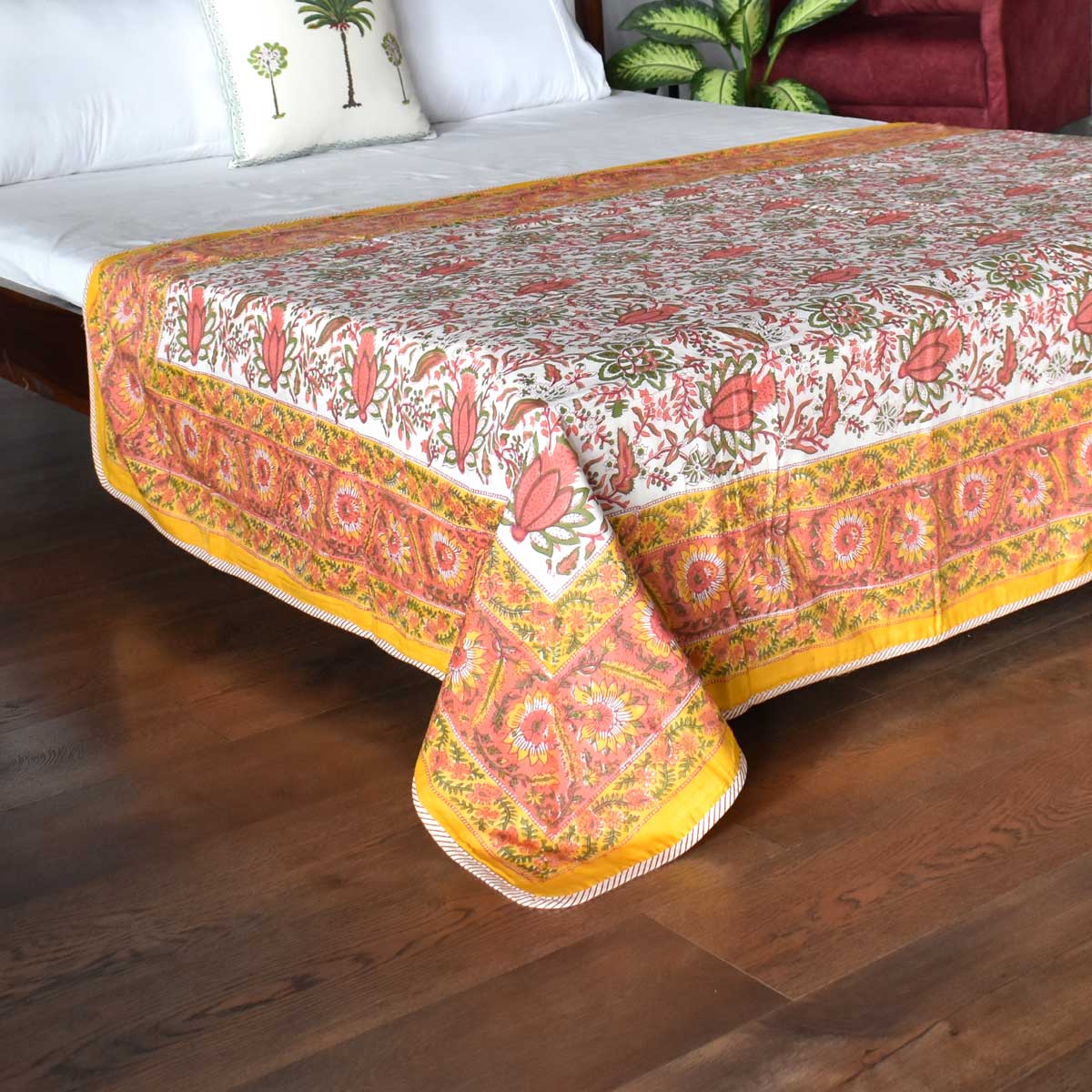 Hand Block Printed Cotton Twin Size Dohar Pila Lotus 205636