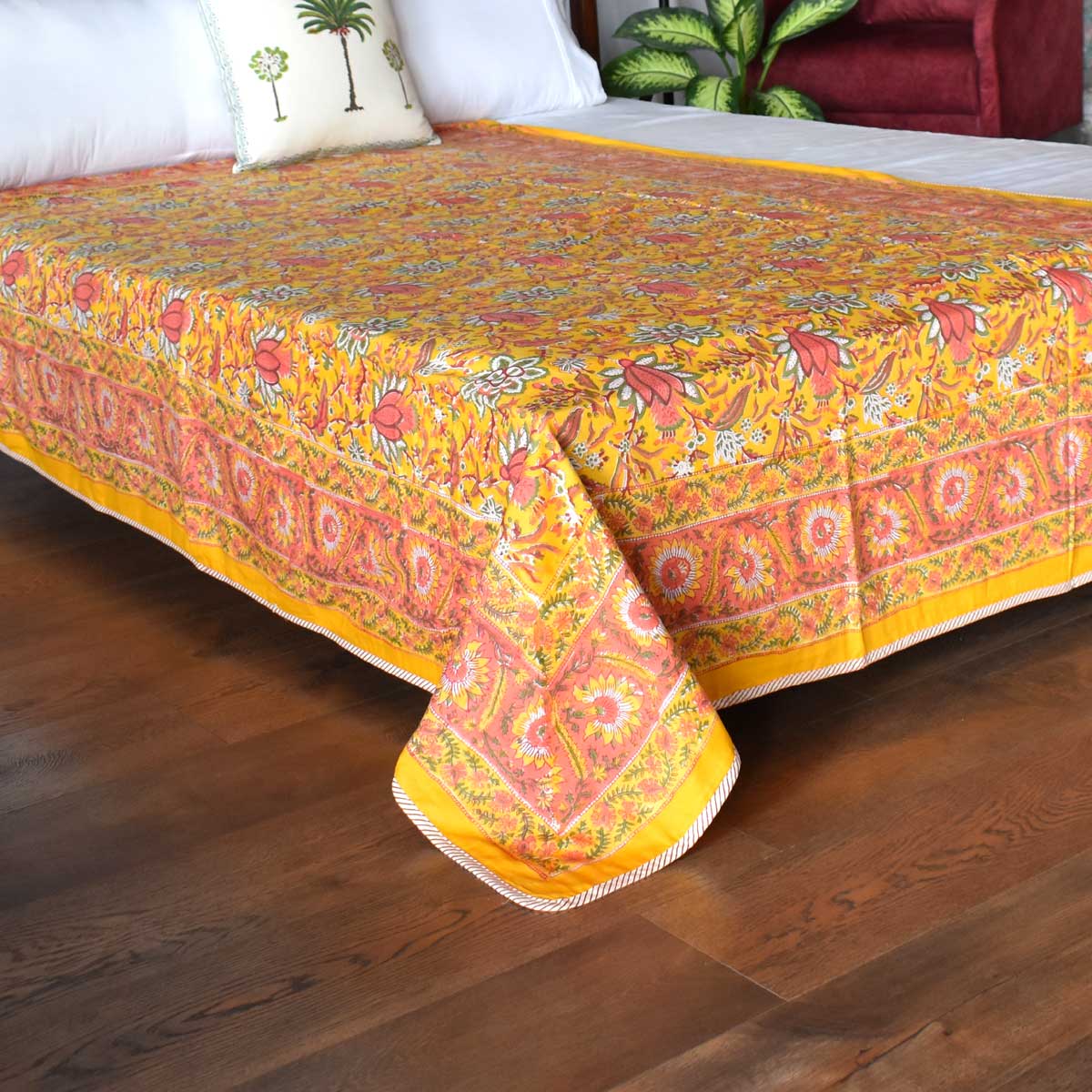 Hand Block Printed Cotton Twin Size Dohar Pila Lotus 205636
