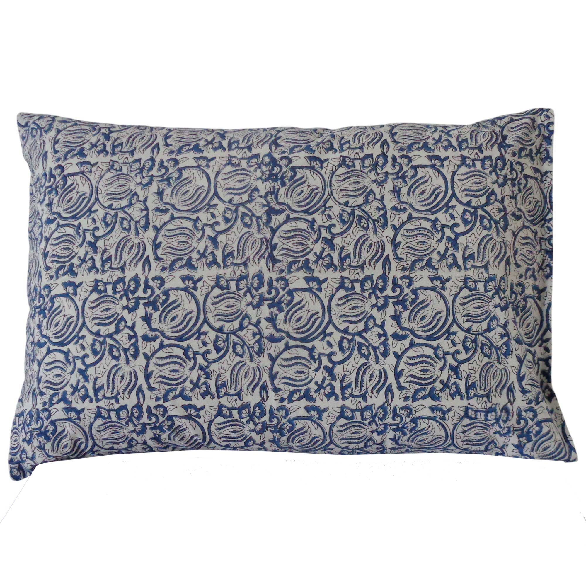 Hand Block Printed Cotton Pillows Cover 50x70 cm Set of 2 Two Lotus Blue 601606