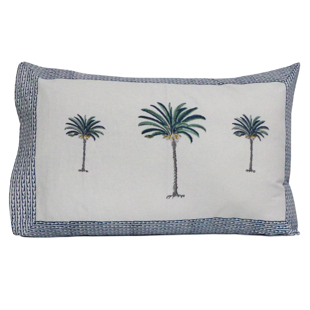 Hand Block Printed Cotton Pillows Cover 50x70 cm Set of 2  Palm Tree Blue 104902