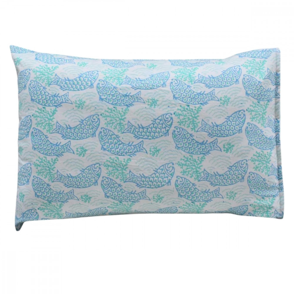 Image of Hand Block Printed Cotton Pillows Cover 50x70 cm (Set of 2) | African Fish Blue Mist 260713