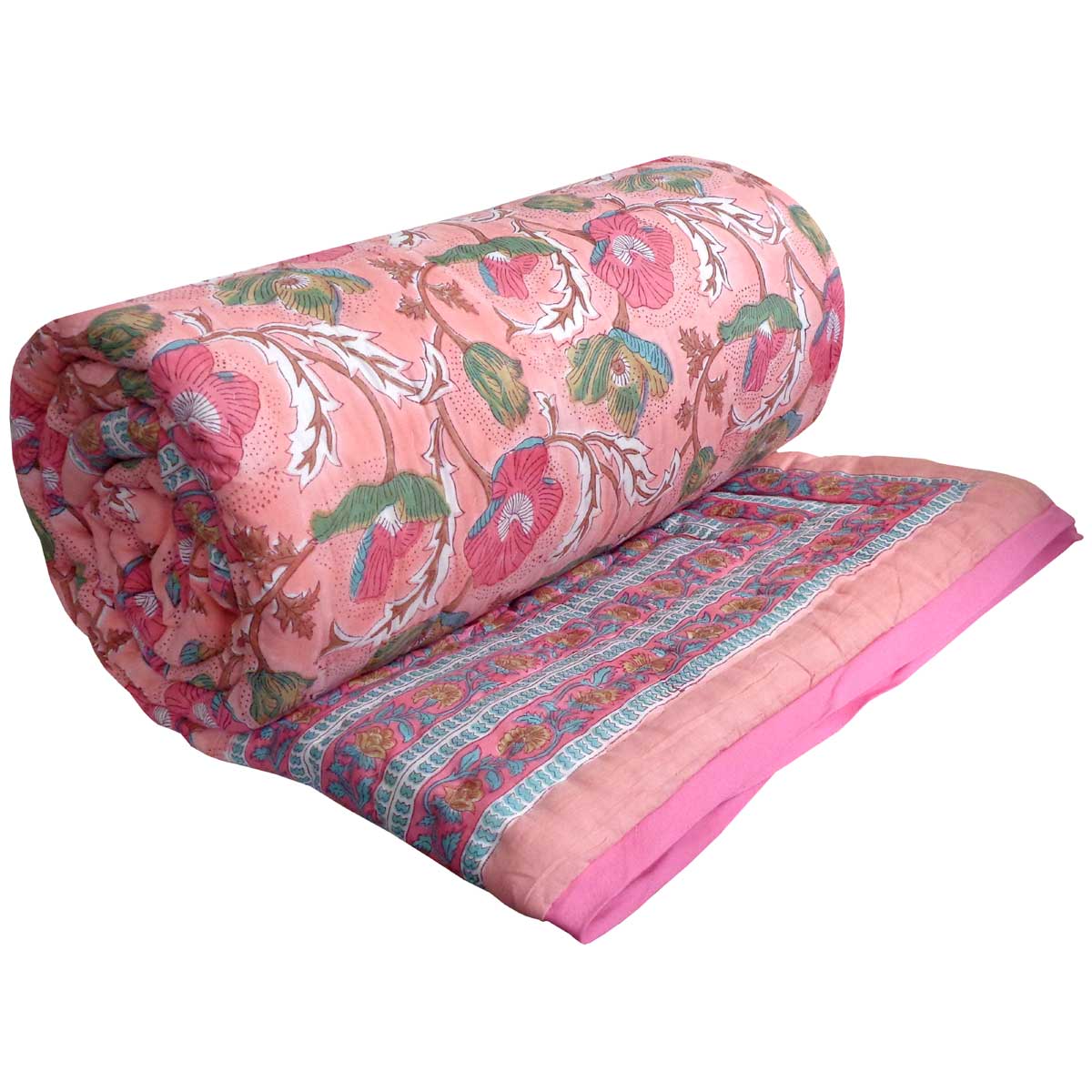 Hand Block Printed Cotton Queen Size Quilt Pink Red Phool 906188