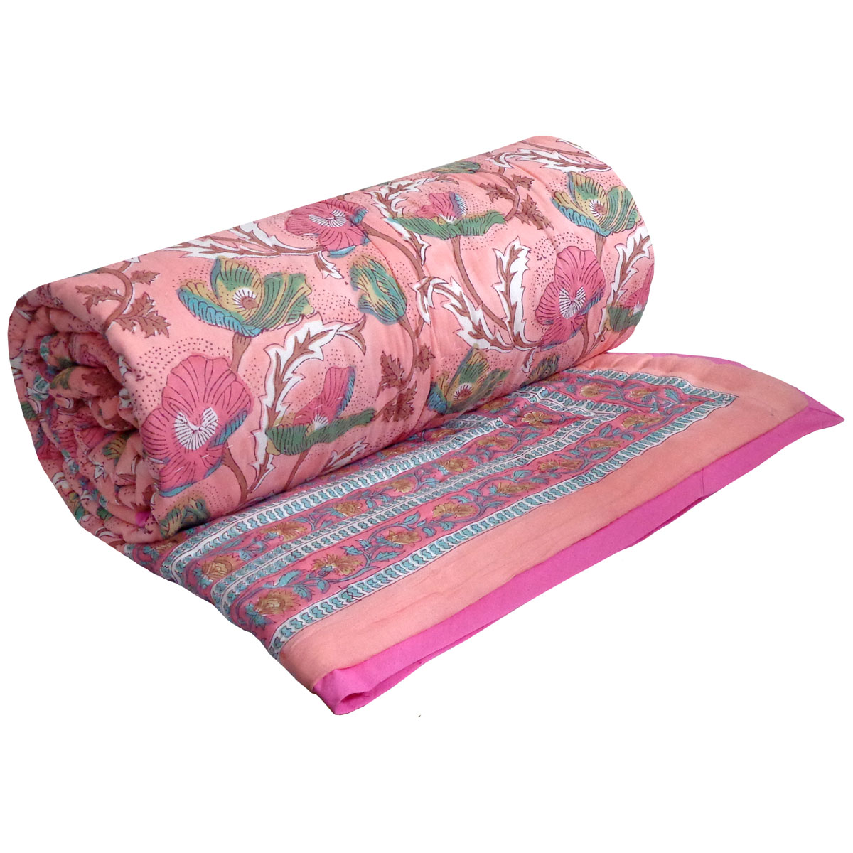 Hand Block Printed Cotton Twin Size Quilt Pink Red Phool 906188