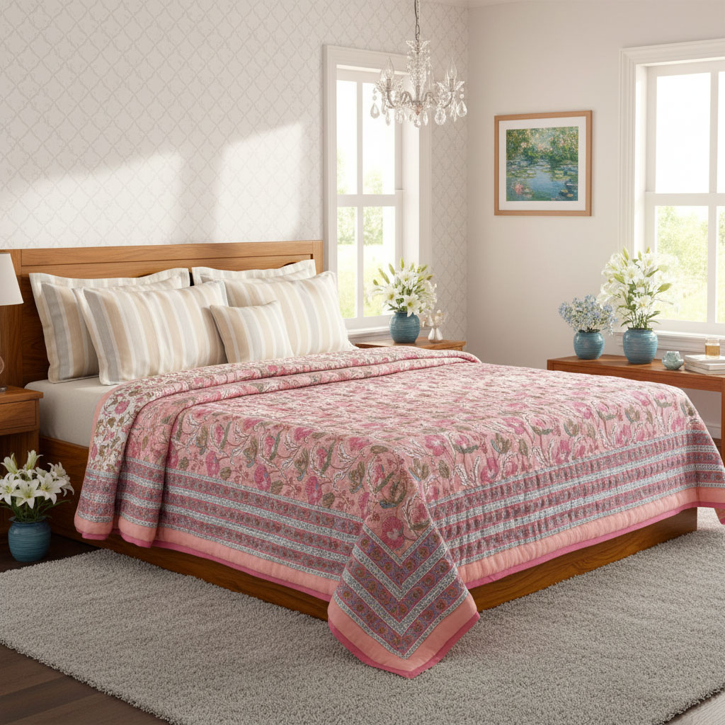 Hand Block Printed Cotton Queen Size Quilt Pink Red Phool 906188