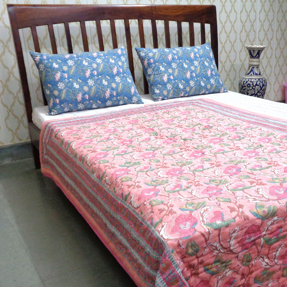 Hand Block Printed Cotton Twin Size Quilt Pink Red Phool 906188