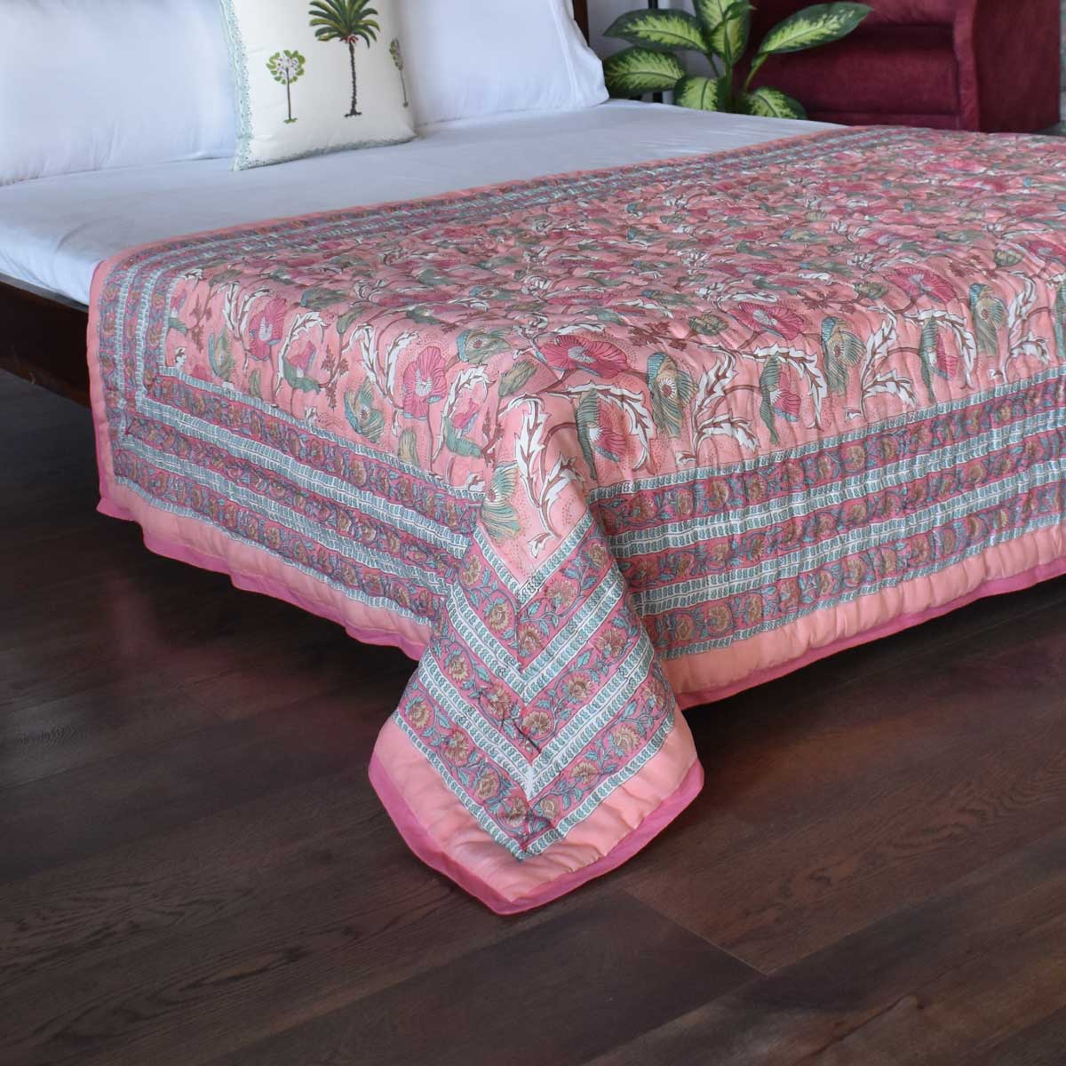 Hand Block Printed Cotton Twin Size Quilt Pink Red Phool 906188