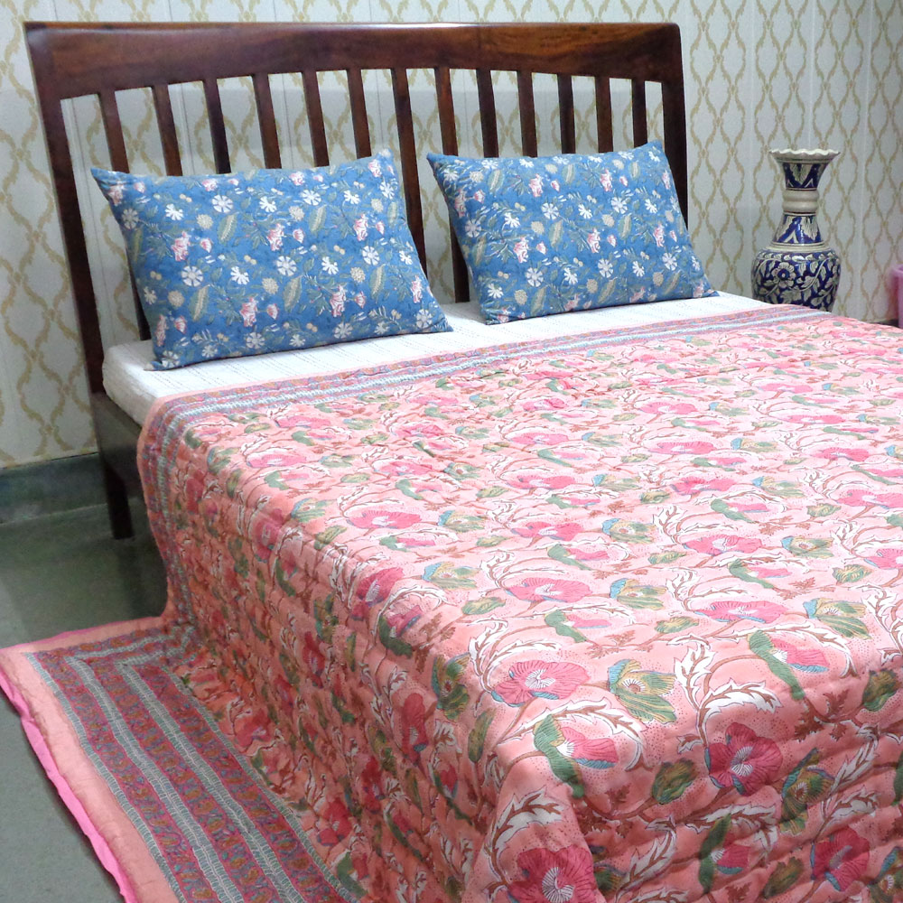 Hand Block Printed Cotton Queen Size Quilt Pink Red Phool 906188