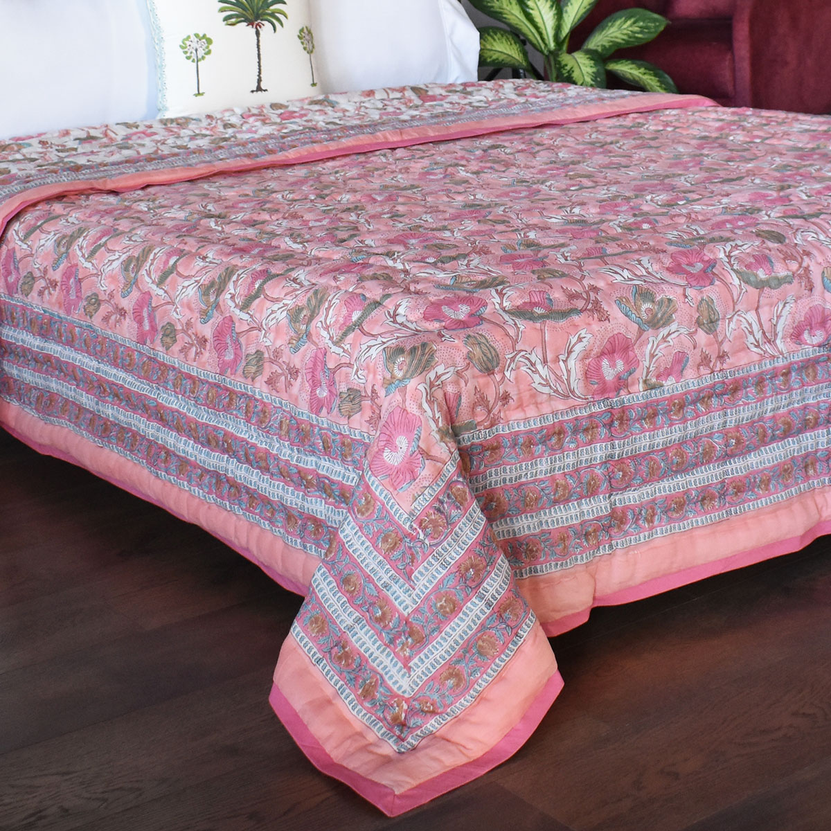 Hand Block Printed Cotton Queen Size Quilt  Pink Red Phool 906188