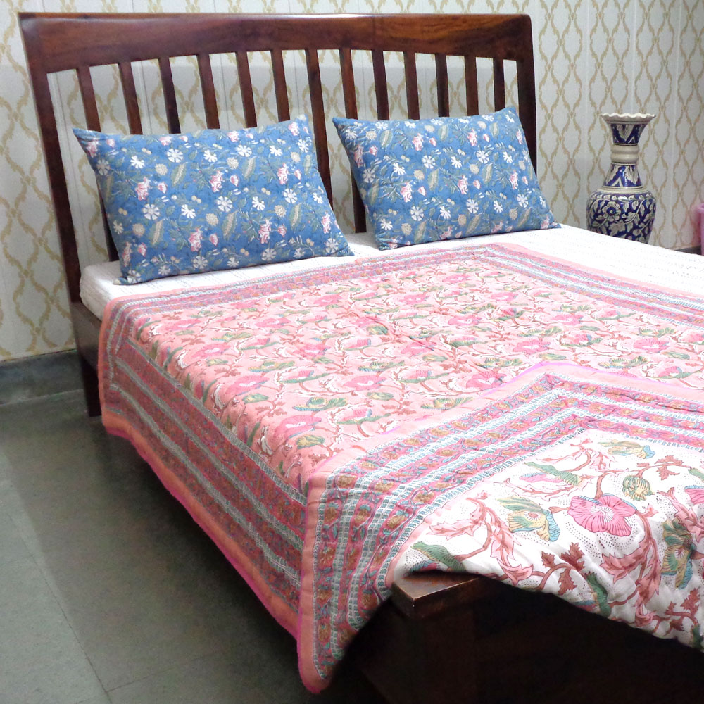 Hand Block Printed Cotton Twin Size Quilt Pink Red Phool 906188
