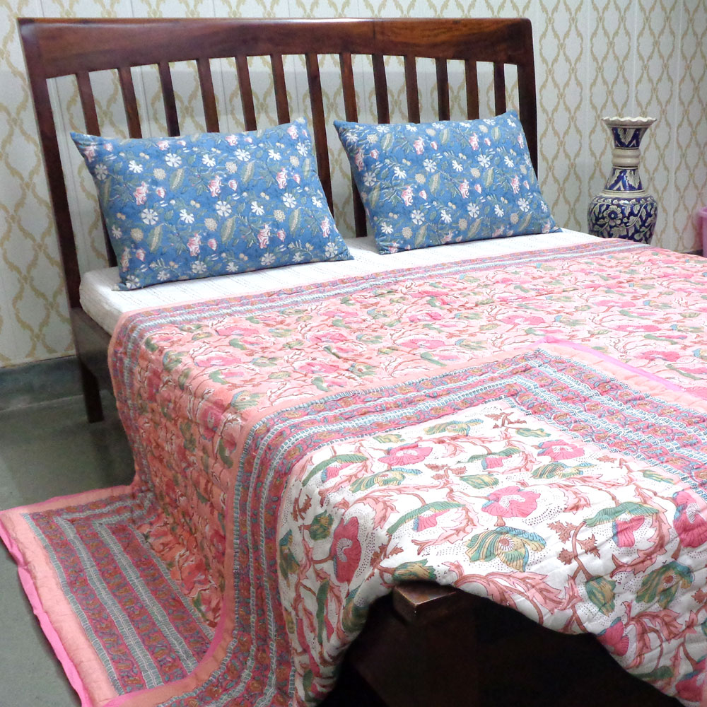 Hand Block Printed Cotton Queen Size Quilt Pink Red Phool 906188