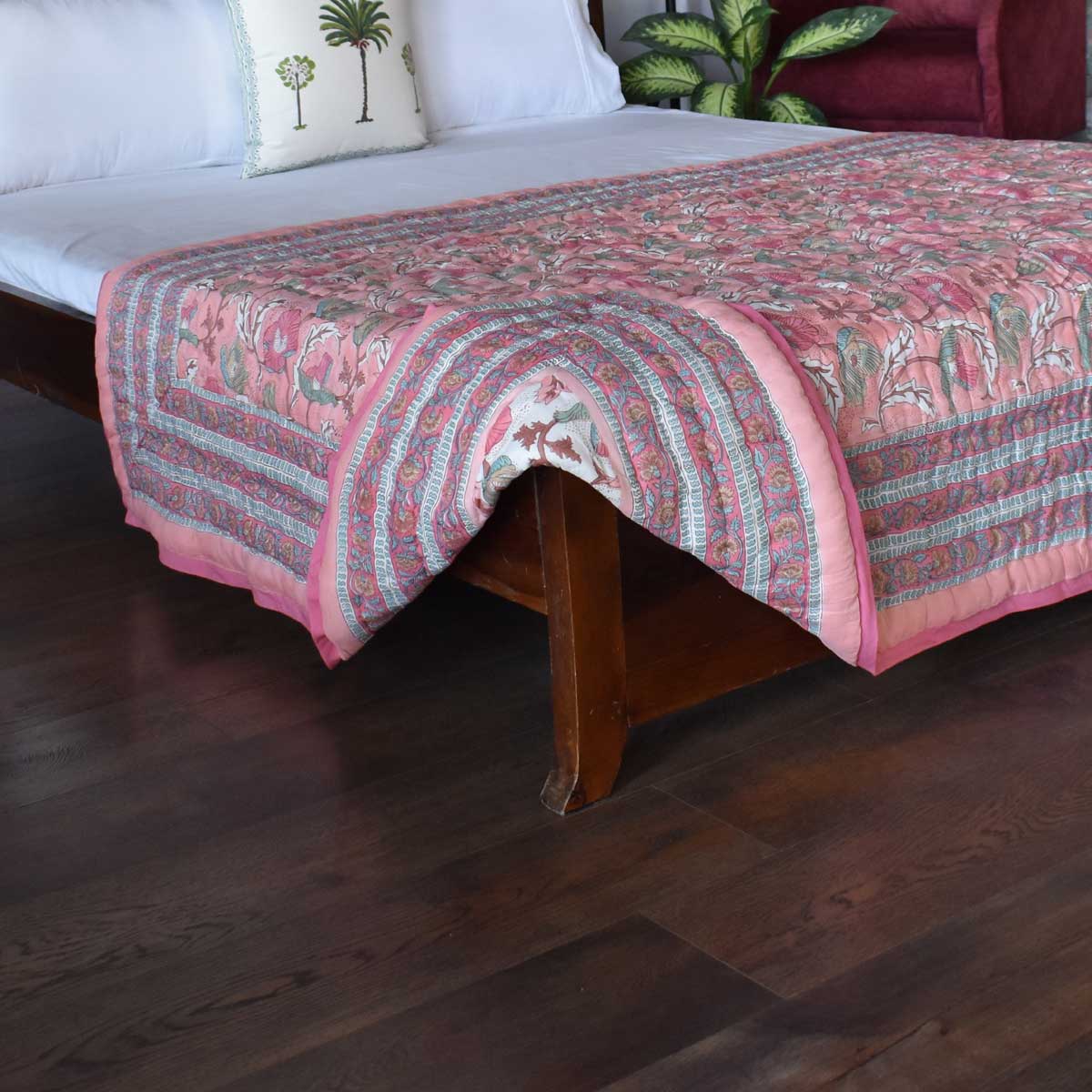 Hand Block Printed Cotton Twin Size Quilt Pink Red Phool 906188