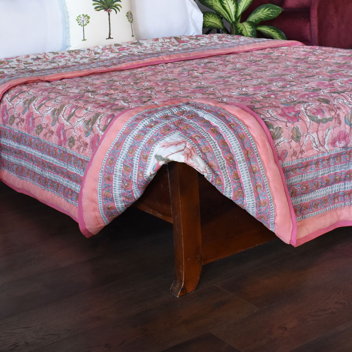 Hand Block Printed Cotton Queen Size Quilt  Pink Red Phool 906188