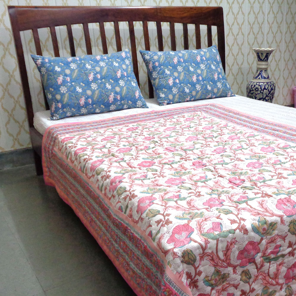 Hand Block Printed Cotton Twin Size Quilt Pink Red Phool 906188