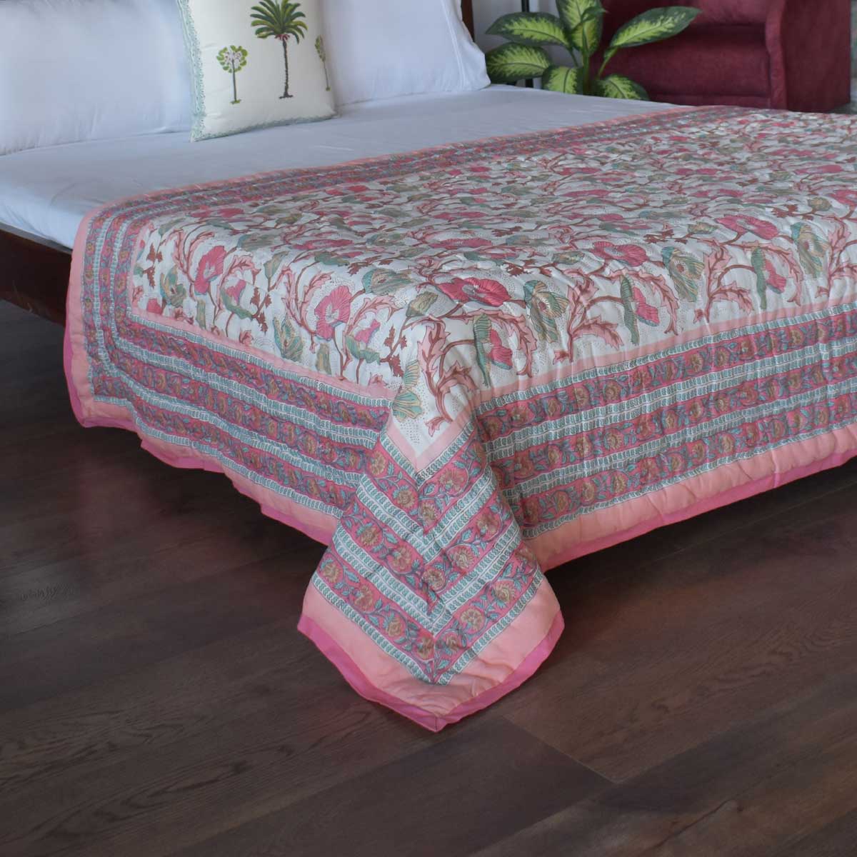 Hand Block Printed Cotton Twin Size Quilt Pink Red Phool 906188