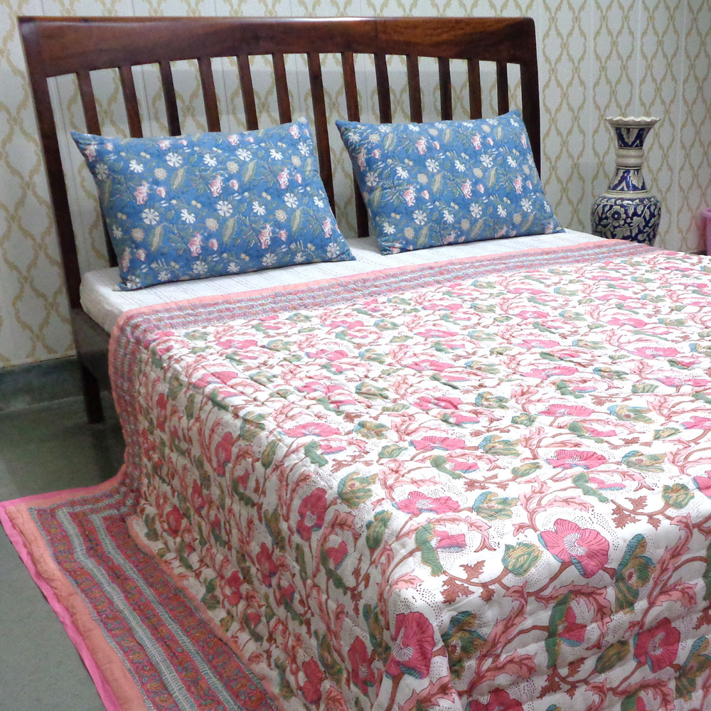 Hand Block Printed Cotton Queen Size Quilt Pink Red Phool 906188