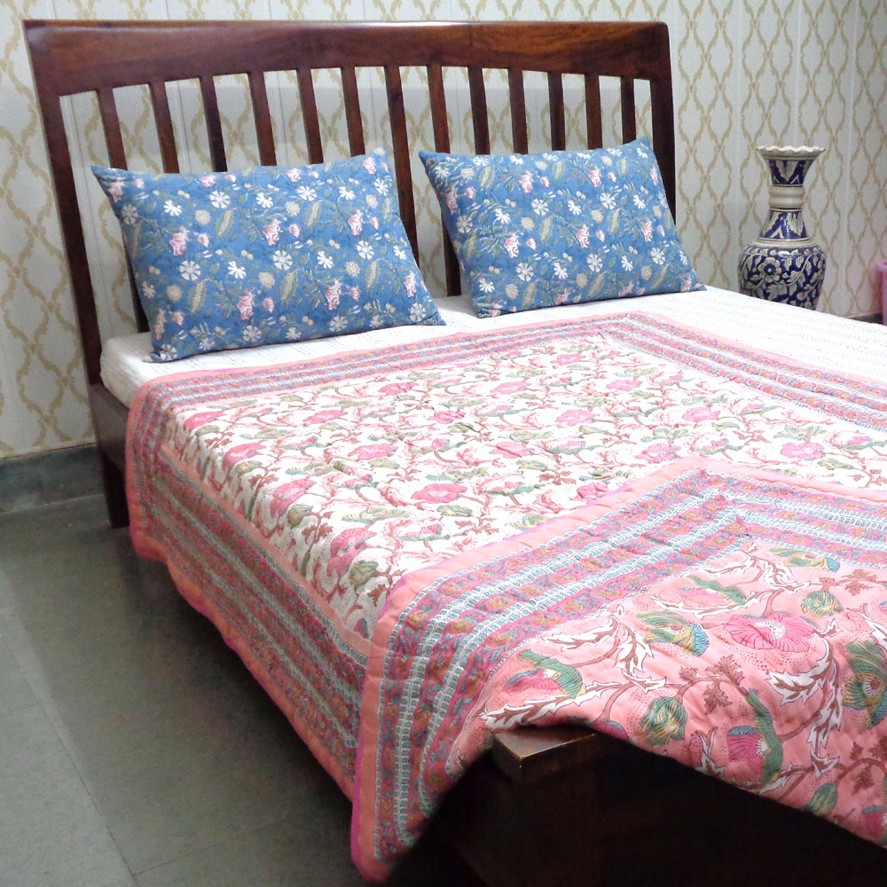 Hand Block Printed Cotton Twin Size Quilt Pink Red Phool 906188